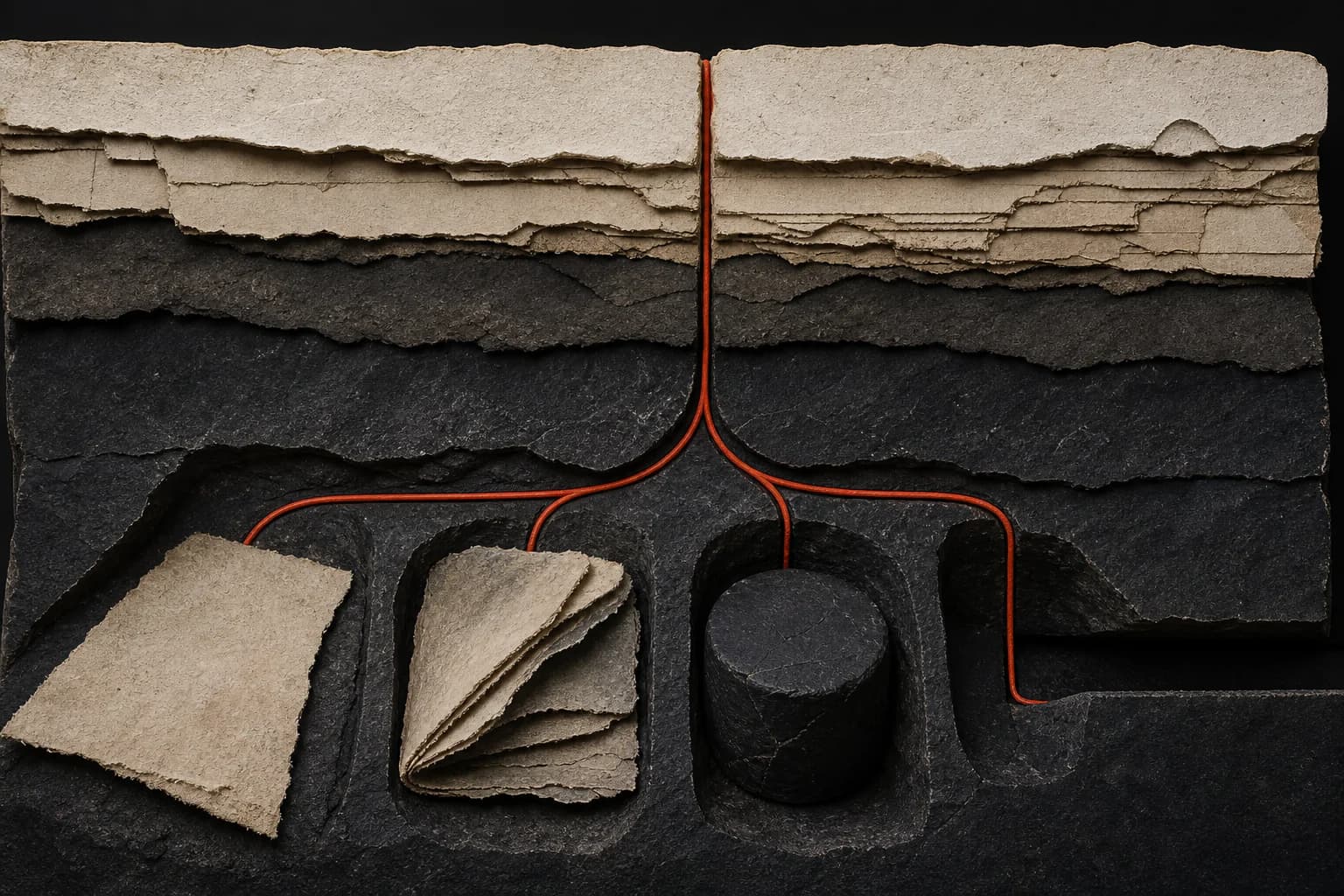 A synthetic cut-paper and stone section with one vermilion filament splitting toward an open sheet, folded layers, a sealed stone plug, and an open channel.