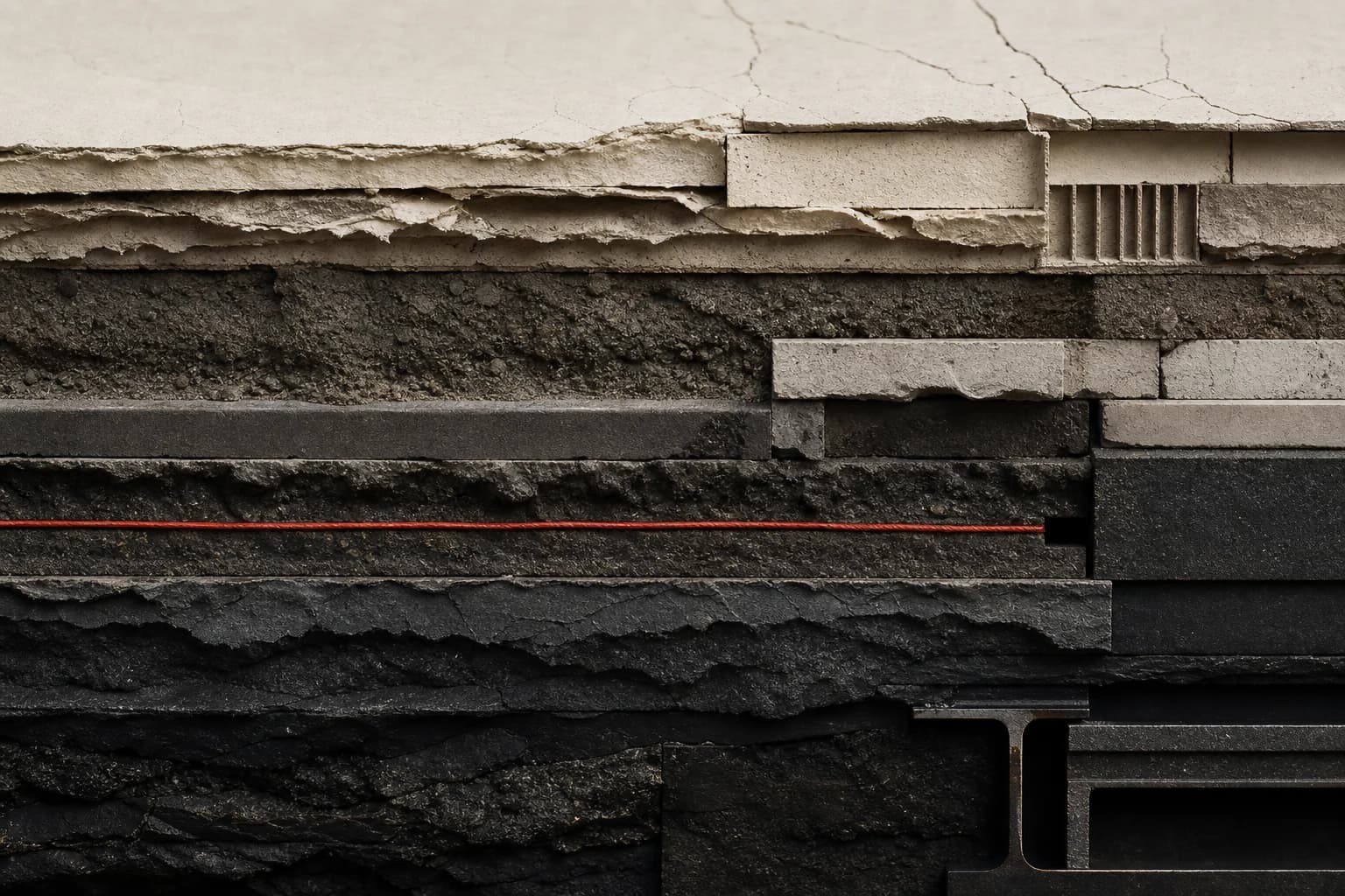 A synthetic sectional model showing a pale cracked surface above layered paper, stone, earth, and steel, crossed by a single vermilion thread.