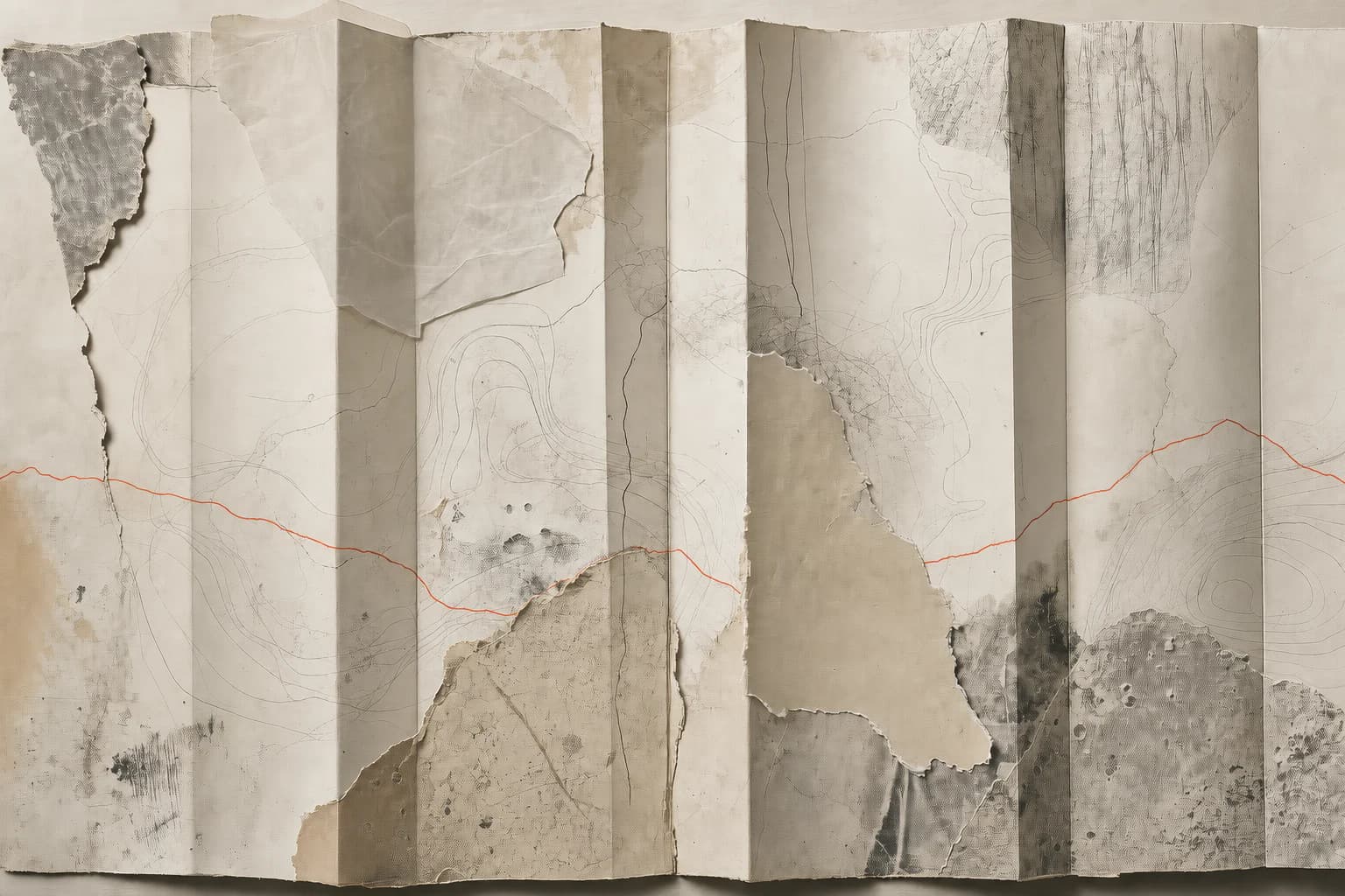 A synthetic folded-paper atlas with abstract graphite contours, torn archival fragments, and a single vermilion path crossing the folds.